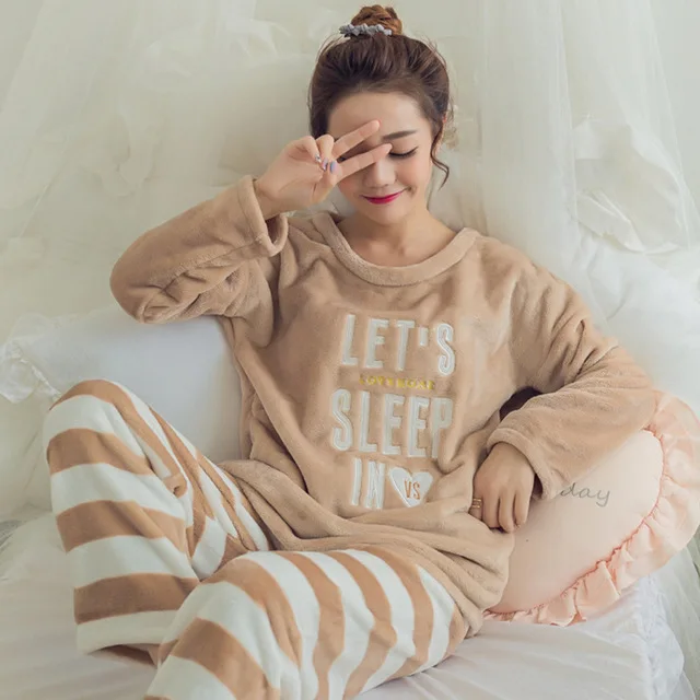 Two Piece Plus Size Winter Sleepwear Women Pajamas Nightgown Big Size Letter Kawaii Home Warm Clothes Female Nightdress