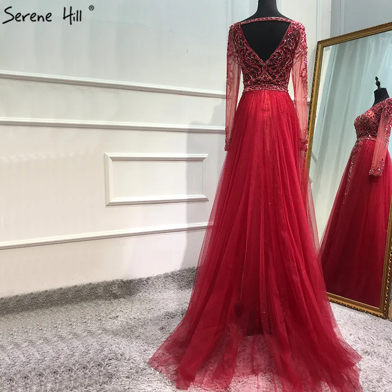 Цвет красного вина с украшением в виде кристаллов, роскошное вечернее платье Модная одежда с длинными рукавами со шлейфом вечернее платье настоящая фотография LA6641