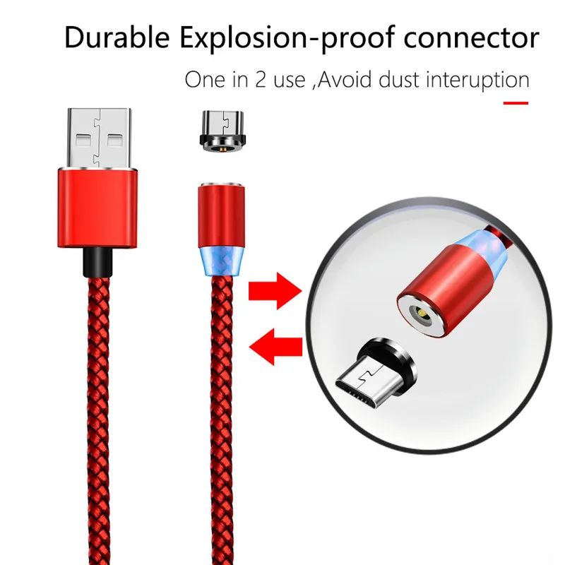 Магнитный светодиодный кабель 1 м Micro USB и Type C зарядный шнур в нейлоновой оплетке