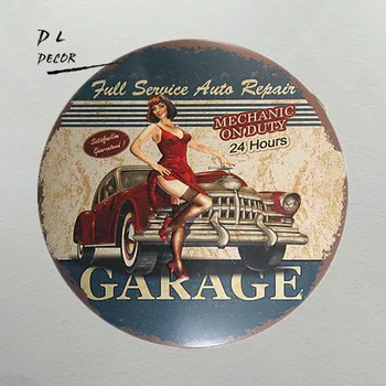 

DL-Pin up Lady Garage Round Sign Painting Retro Gift Metal Plaque Craft Hotel Room decor