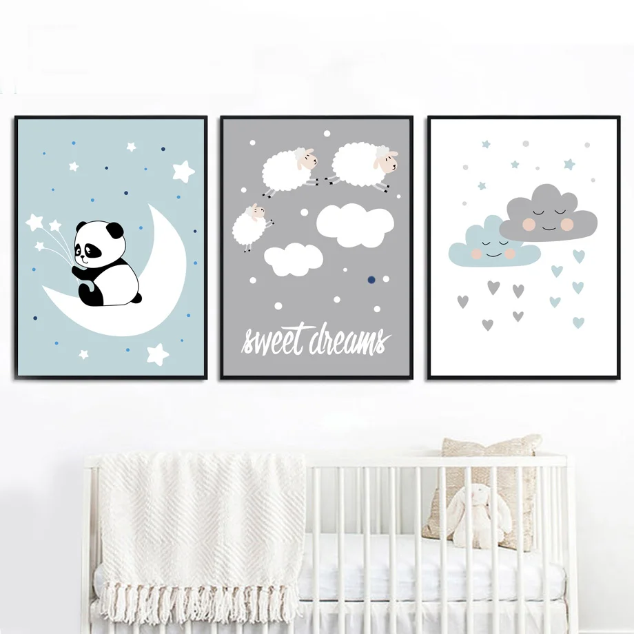 Kartun Cloud Panda Domba Dinding Seni Lukisan Kanvas Nordic Poster