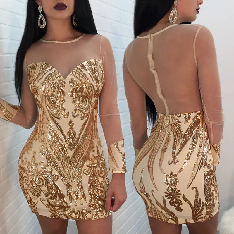 

Fashion Women Sexy See-through Mesh Sheer Sequins Golden Mini Dress Party Spliced Bodycon Club Pencil Dress