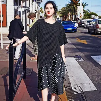 

Stylish Black Dot Loose Dress Patchwork Asymmetrical Designer Runway Dress Summer Women Robe Femme