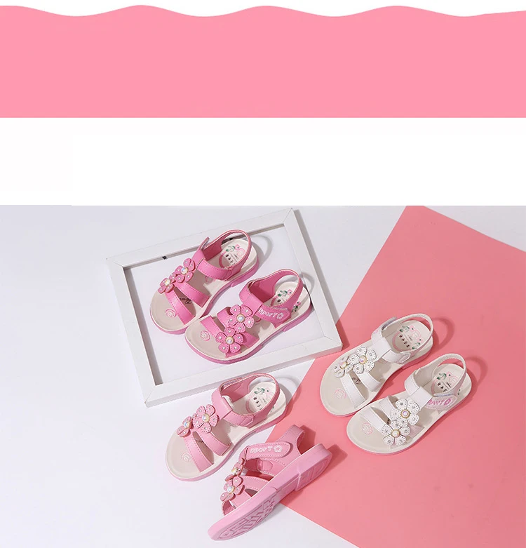 Детские сандалии; кожаная обувь для девочек; коллекция года; летние модные детские пляжные сандалии с жемчугом; розовые сандалии принцессы с цветами для девочек