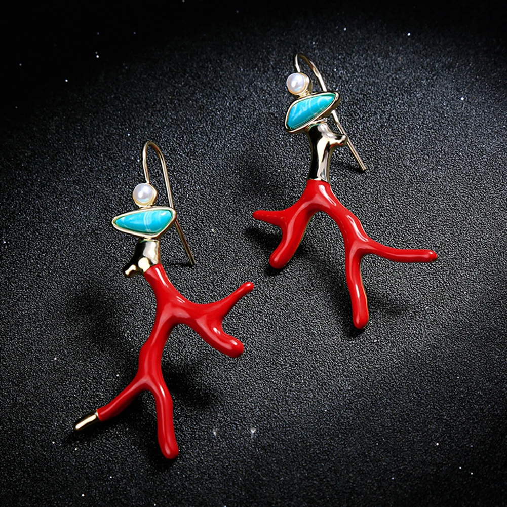 

Fashion Women Irregular Dangle Earrings Red Enamel Coral Antlers Branch Drop Earring Acrylic Resin New Pearl Stone Red Earrings