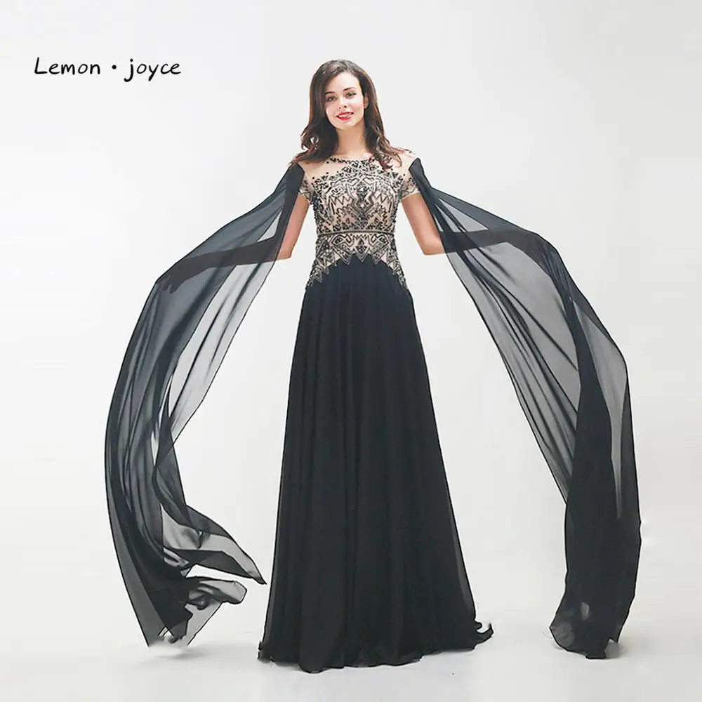 

Lemon joyce Elegant Black Evening Dresses for Women 2019 O-Neck Beading Floor Length Prom Dress Gown For Women Plus Size