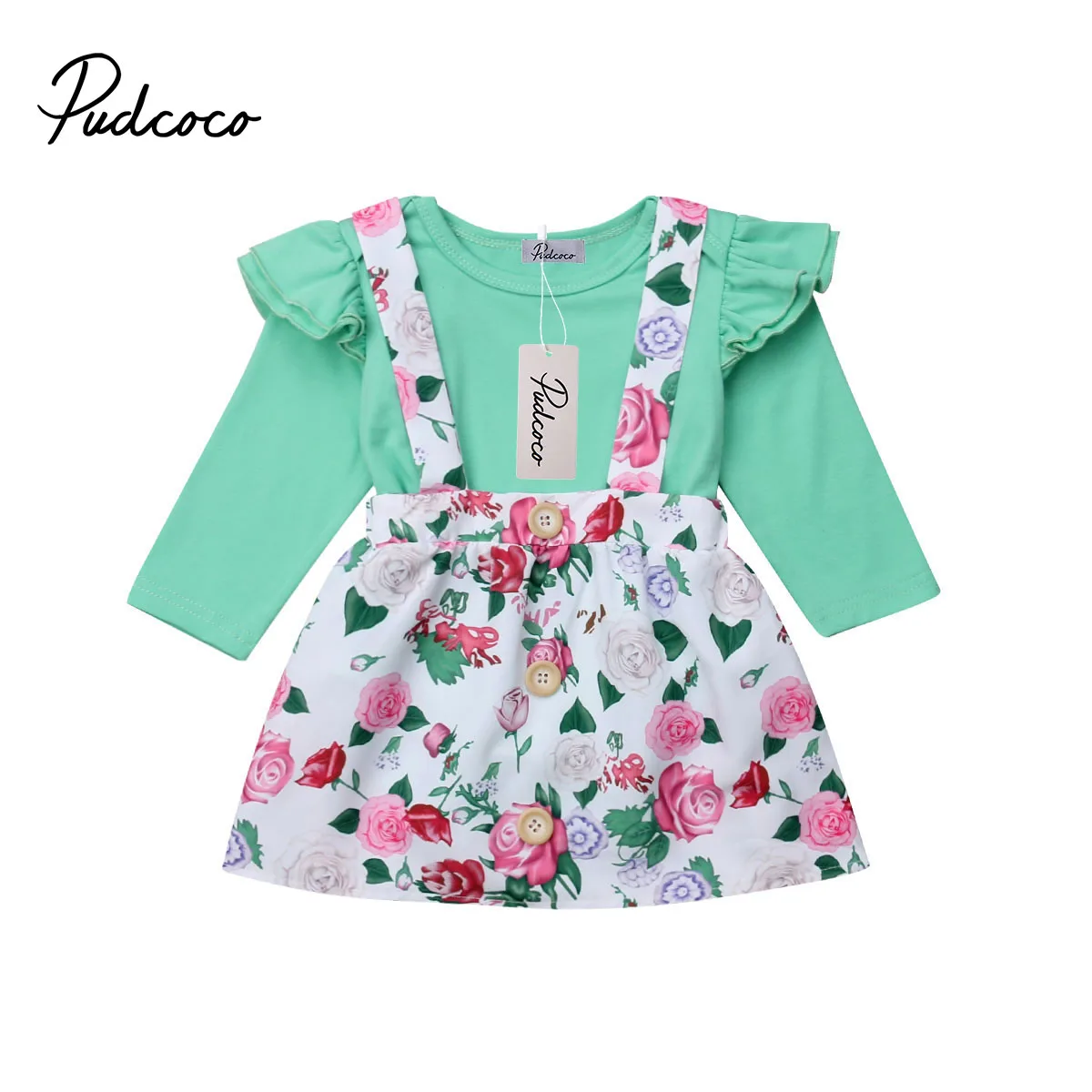 

Fashion Cute Infant Newborn Baby Girls Clothes Fly Sleeve Bodysuit + Overalls Suit Skirt 2pcs Outfit Cotton Baby Tracksuit Set