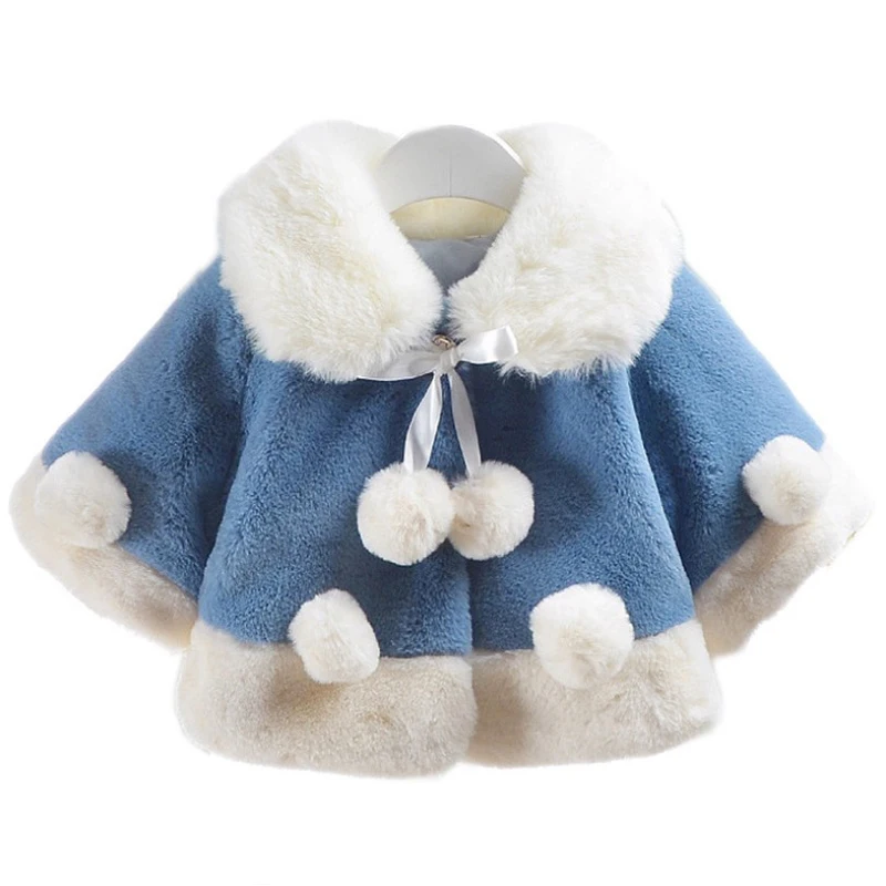 

2018 fashion children winter clothes baby girls warmly inverness Cloak clothing with fur ball kids outwear coat