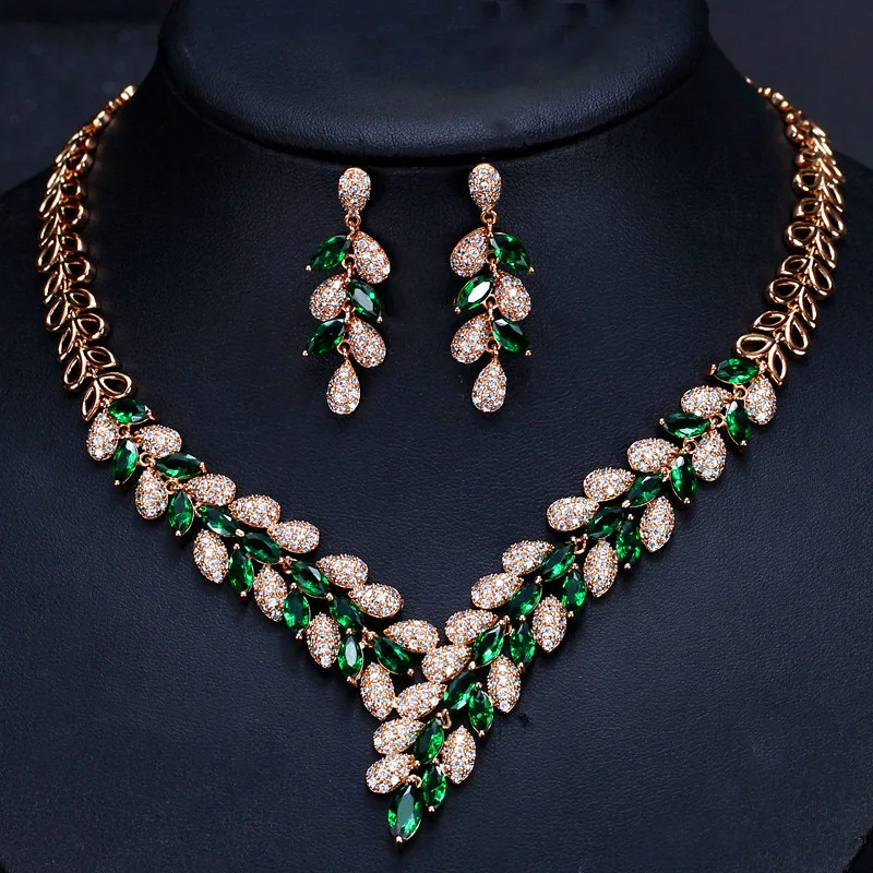 

Leaf Pear Crystal Zircon Rose Gold Pated Ear Jewelry Set Earring Necklace Pendant M02-T0120