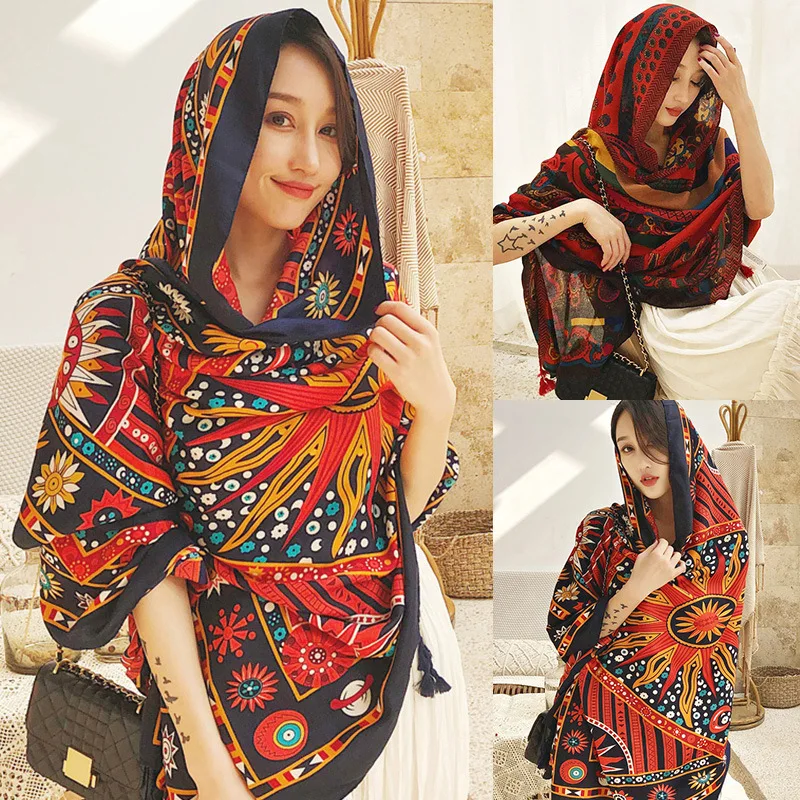 

Summer Scarf Women cotton and linen national wind travel silk holiday sunscreen air conditioning shawl beach towel hijab scarf