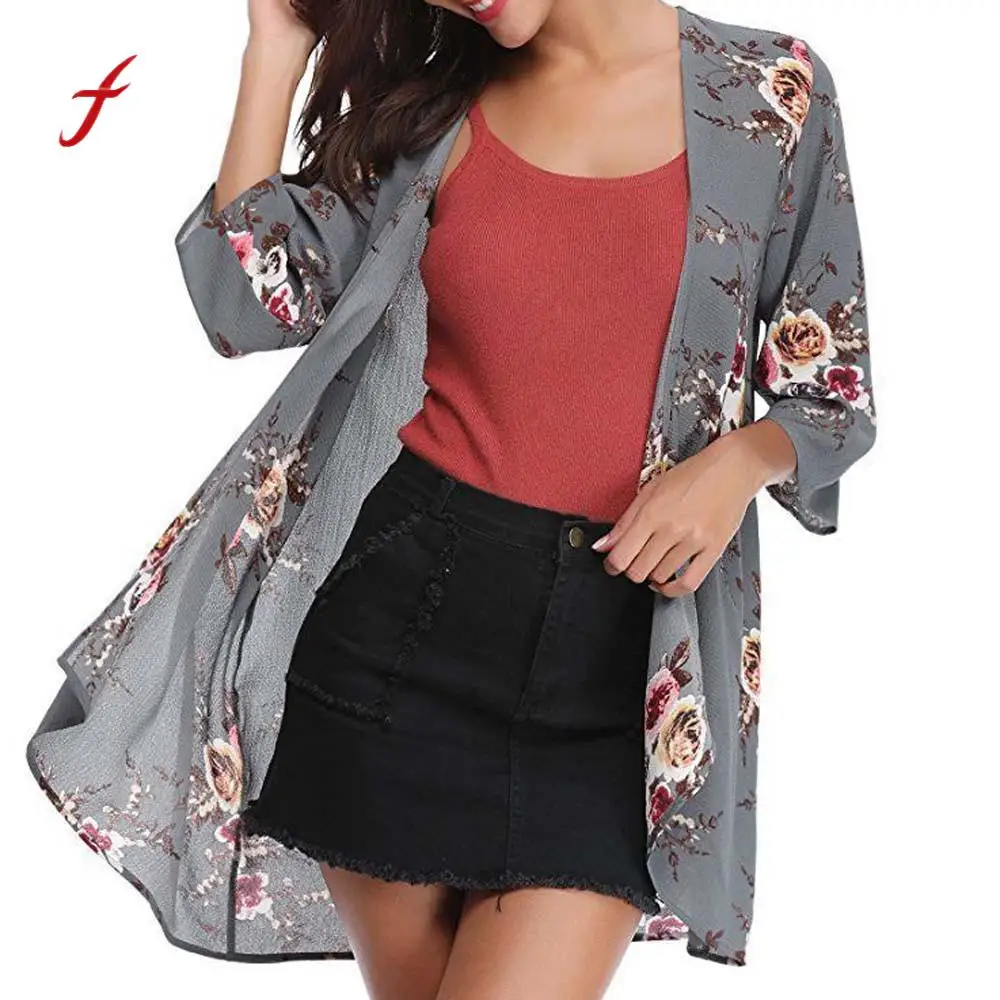 

Feitong Summer Beach Cover Coat 2018 Women Casual Floral Blouse Tops Three Quarter Sleeve Loose Cover Kimono Cardigan Capes /PT