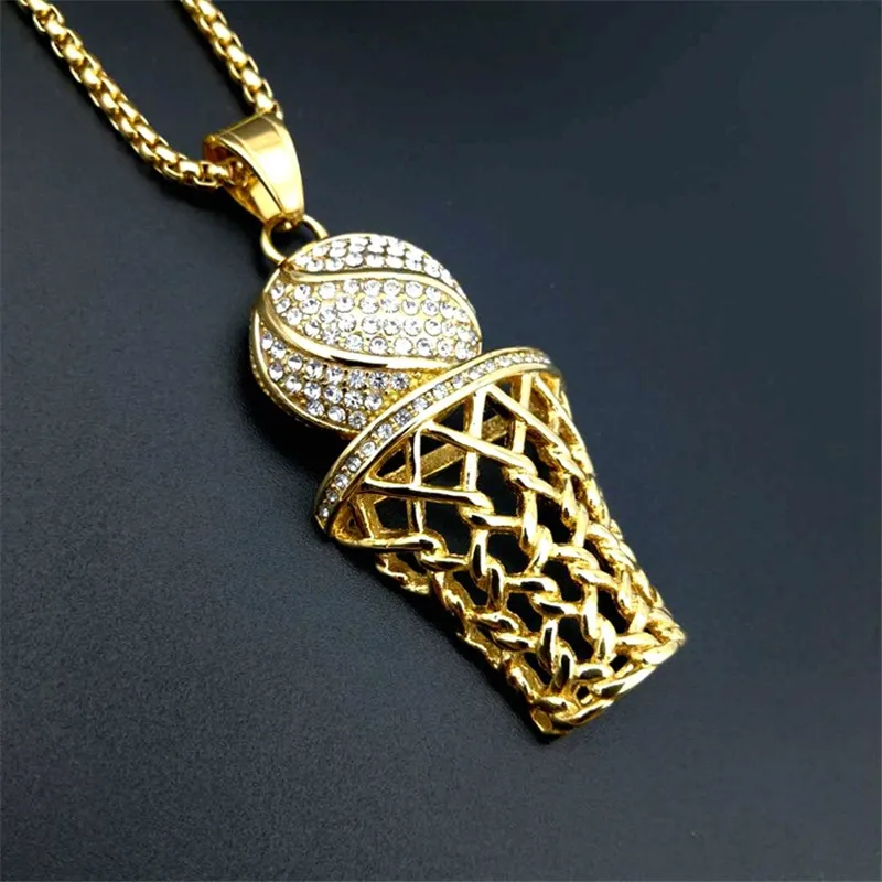 

Hip Hop Stainless Steel Iced Out Pave Cubic Zirconia Basketball Basket Pendant With Chains Gold Color Hip Hop Necklace Jewelry