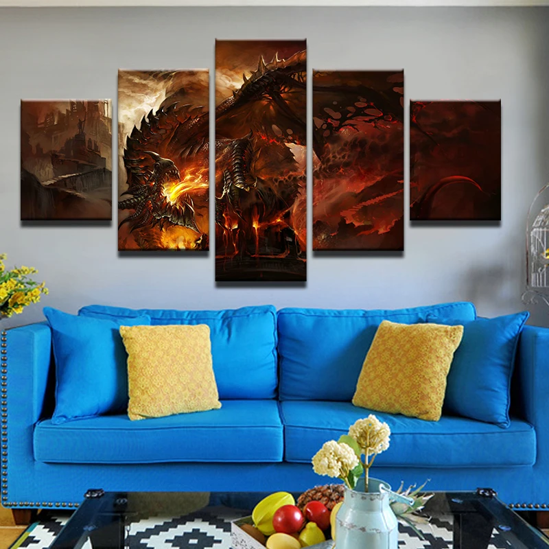 

5 Panel World Of Warcraft Fire dragon Poster Wall Art Picture Home Decoration Living Room Canvas Print Wall Picture Printing