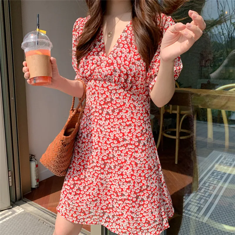 

RUGOD Summer Women Floral Chiffon Dress Sweet V-Neck Knee-length Short Sleeve Dress Casual Beach Country Style Dress Sukienk