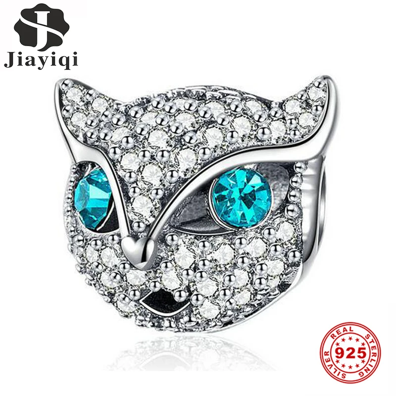 

Jiayiqi Cute Cat Charms 925 Sterling Silver Beads Blue Zirconia Fit Bracelet Necklace DIY For Jewelry Making Handmade Women Gift