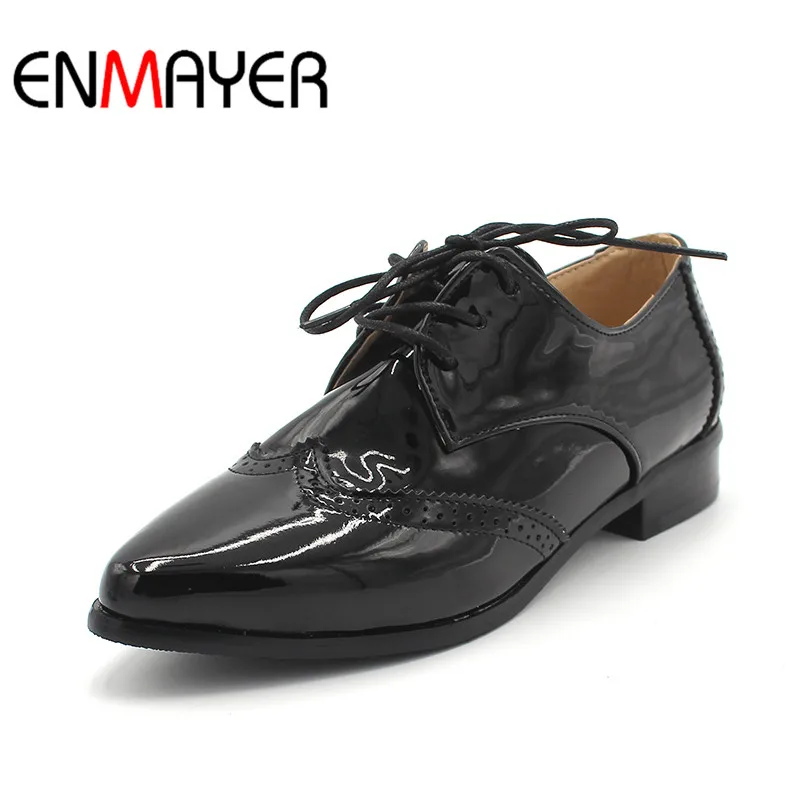 

ENMAYER Women Spring Autumn Fashion Flats Shoes Oxfords Pointed Toe Lace-Up Square Heel Large Size 34-43 Black Red Golden