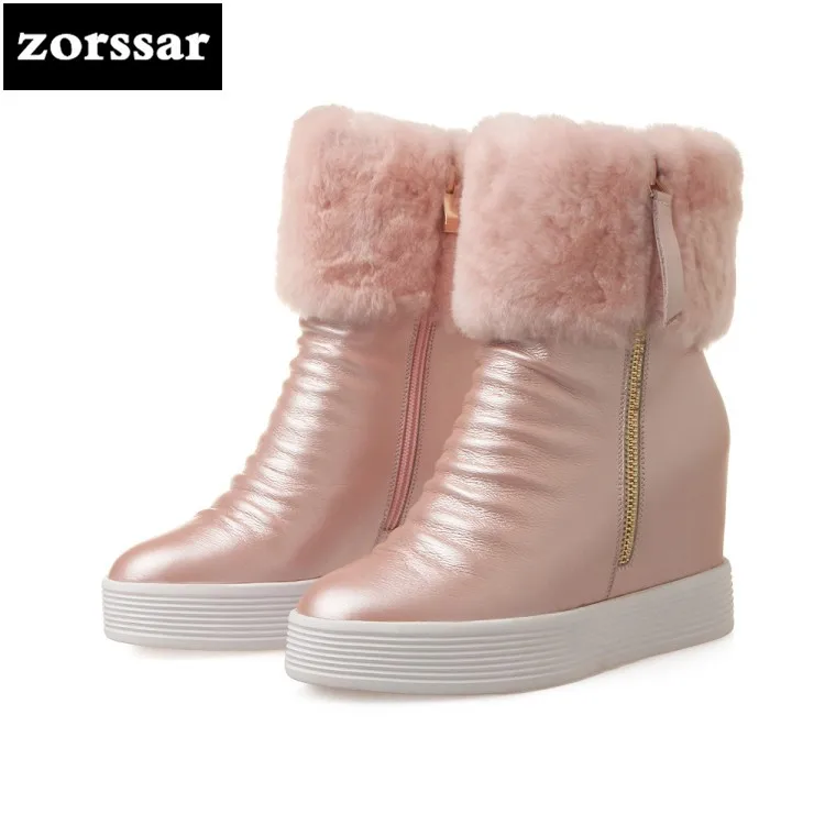 

{Zorssar} 2018 Soft Leather High heel ankle boots women snow boots winter Warm plush Womens Shoes platform Booties botines mujer