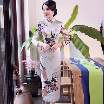 SHENG COCO китайское традиционное платье Cheongsam Qipao с длинным рукавом женское темно-синее длинное вечернее Ципао Drees размера плюс 6XL - Цвет: White-A