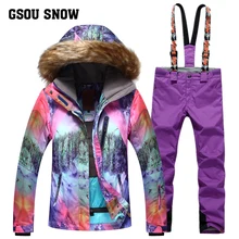 GSOU SNOW Brand Ski Suit Women Ski Jacket Pants Waterproof Mountain Skiing Suit Snowboard Sets Winter Outdoor Sports Clothing
