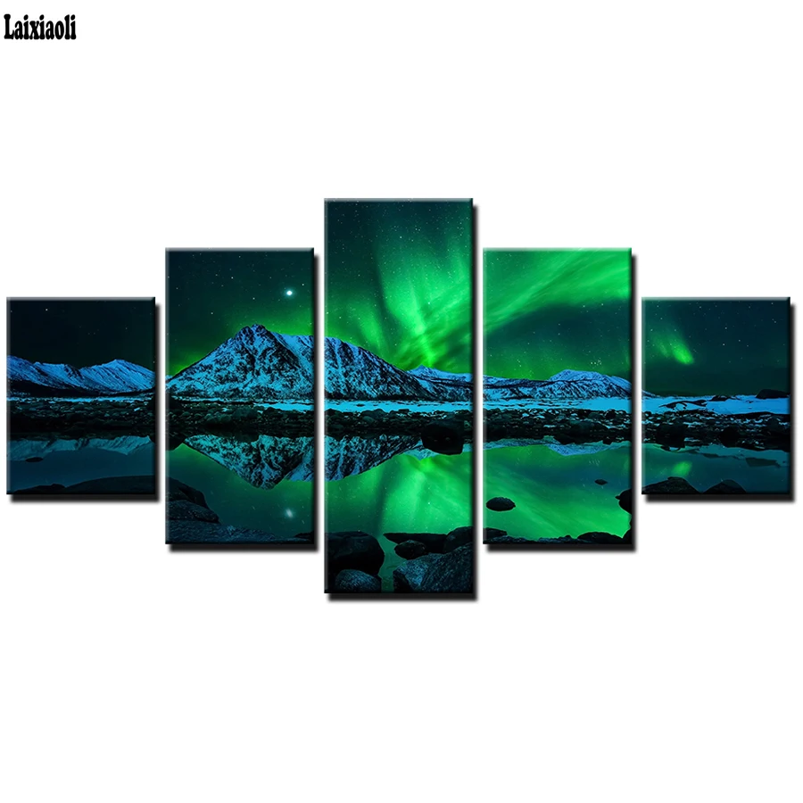 

5D Diy Diamond Painting Green Aurora Borealis Lake Hill Night 3D Diamond mosaic Full Square Rhinestone Diamond Embroidery 5pcs