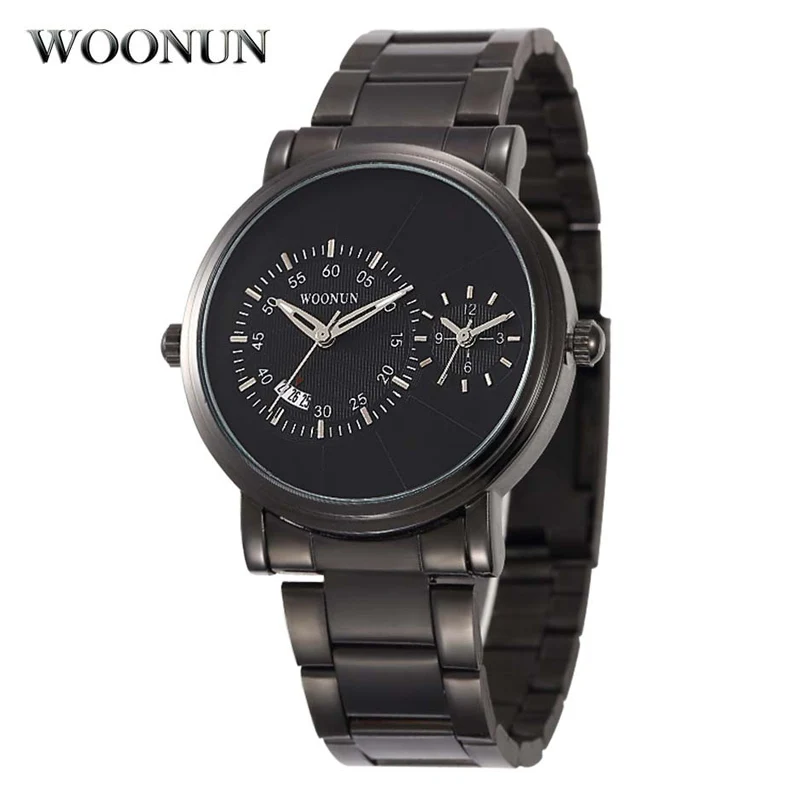 

WOONUN Top Luxury Brand Sports Watches Men Black Steel Dual TIme Quartz Watches Waterproof Shockproof Watch Relogio Masculino