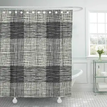 

Shower Curtain Hooks Stripes Burlap Quilting Imitation Natural Fibers Hand Work Gray in Cage Squares Decorative Bathroom