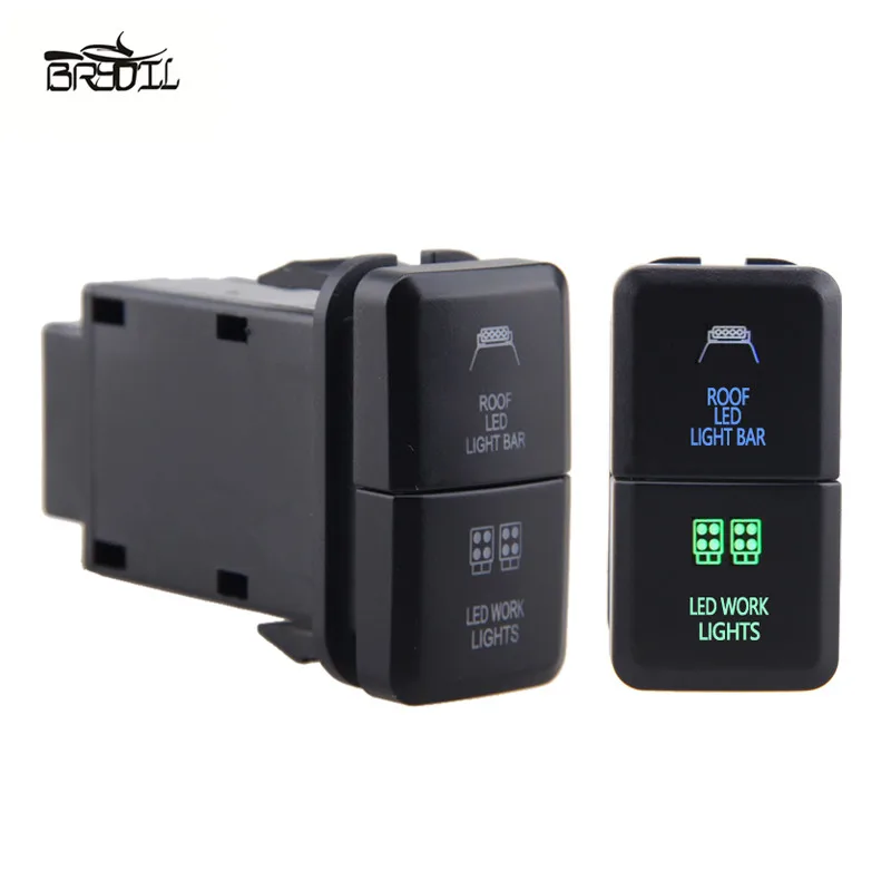 

12V Car Auto Blue/Green Dual LED Light Bar Push Switch Work Fog Spot Light Button Switch For Toyota Prado Hilux Landcruiser