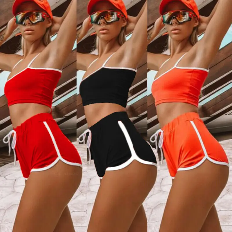 

2019 New Style Fashion Hot Women Sexy Patchwork Yoga Suit Workout Sports String Vest Short Pants Athletic Short Sets