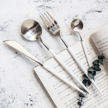 

Best Hot Sale 4 Pcs/set White silver Dinnerware Set 304 Stainless Steel Western Cutlery Kitchen Food Tableware Dinner Set