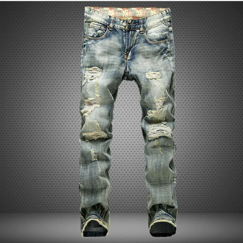 Новая мода, мужские рваные классические джинсы, высокая улица, мотоциклетные рваные джинсы, мужские хип-хоп прямые узкие джинсы, повседневные джинсовые штаны - Цвет: Синий