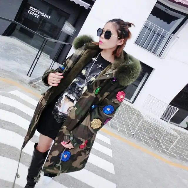 Cheap 2016 winter Thailand new tide brand Sequin flowers really fox fur padded coat