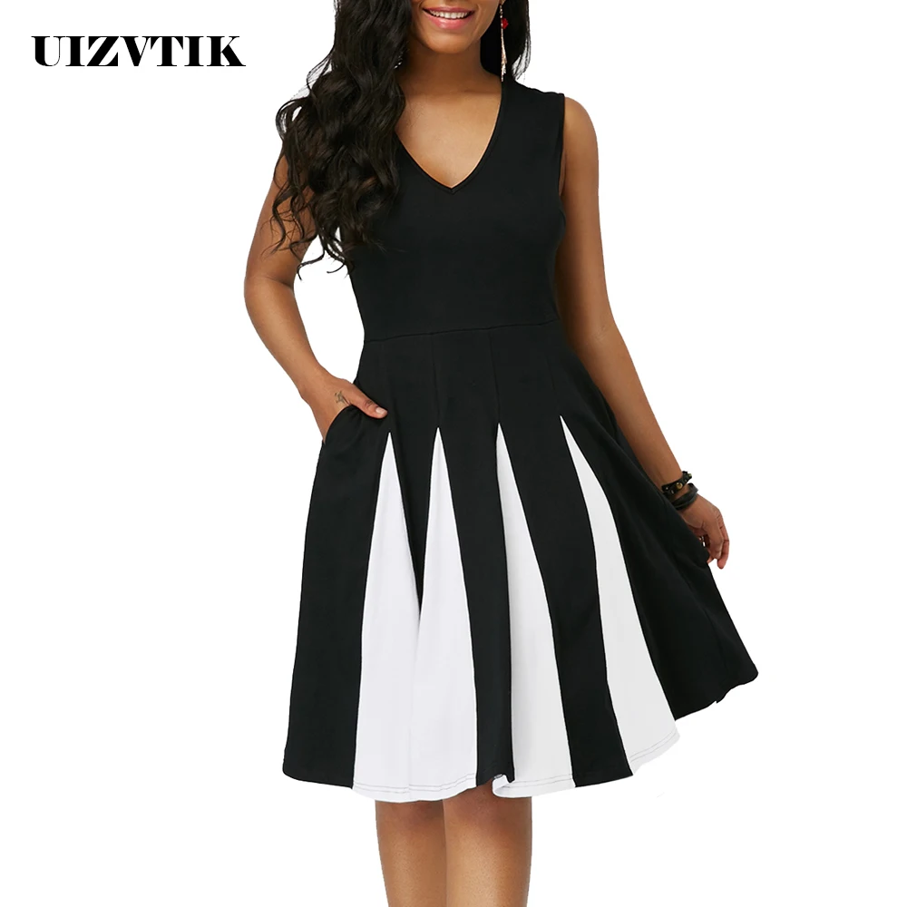 Summer Dress Women Casual Plus Size Slim Black White Patchwork Color Dresses Elegant Sexy V Neck A Line Party Dress 5XL