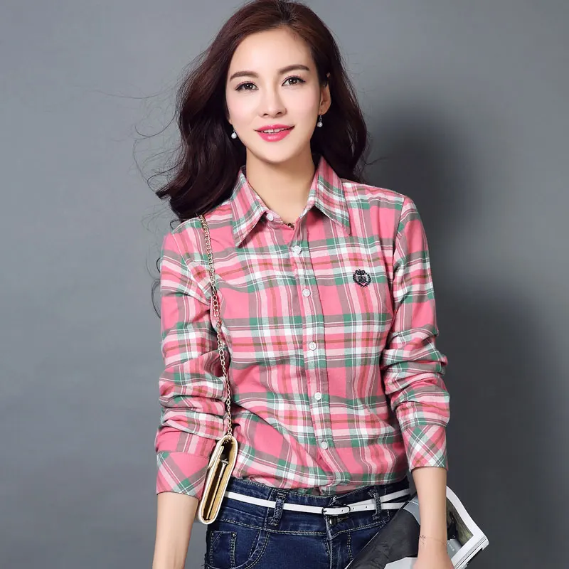 

M-XXXL New Women's Cotton Shirt Spring 2019 Autumn Casual All-match Long-sleeve Slim Cotton Brushed Plaid Shirt Female Plus Size
