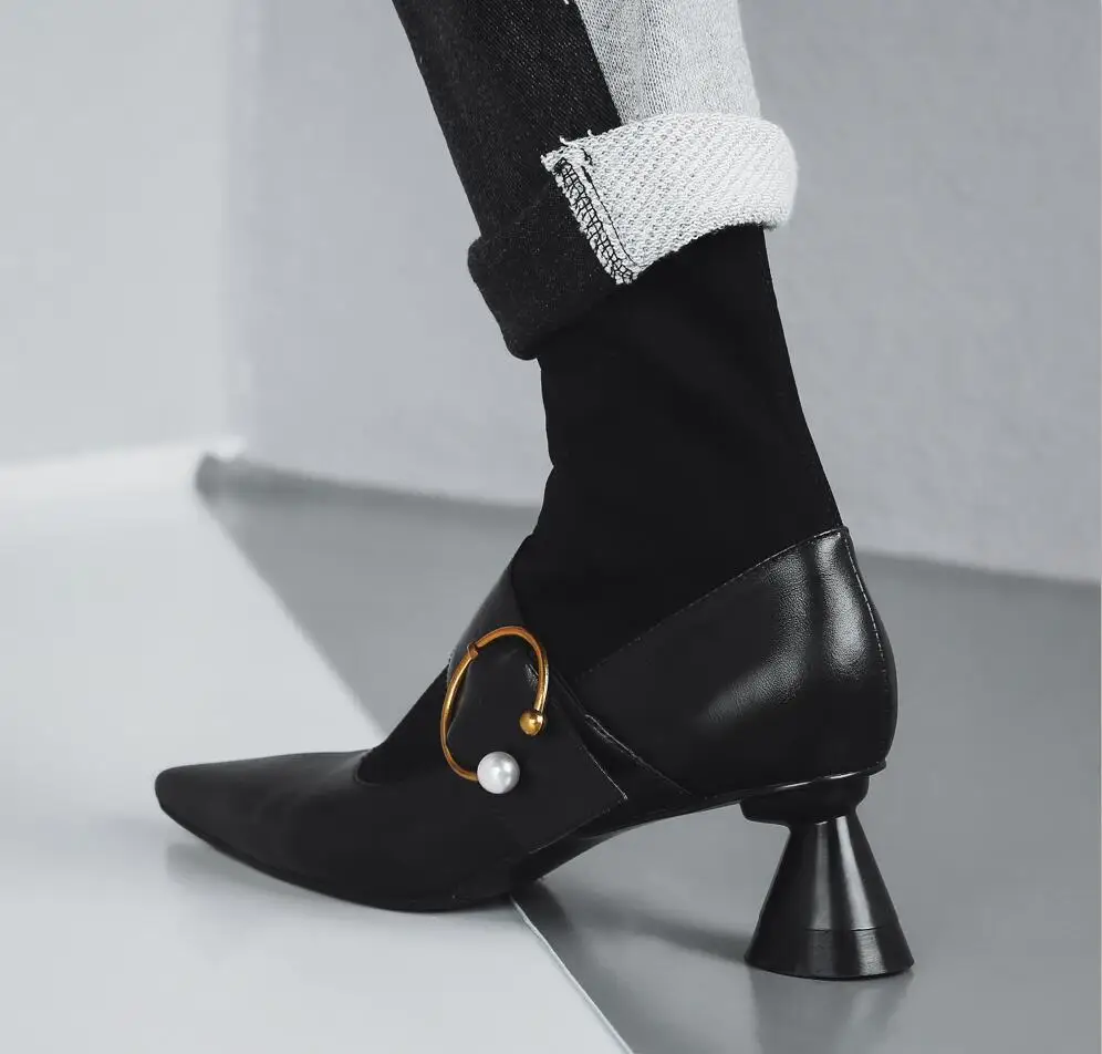 

Strange Heel Stretch Fabric Sock Boots Women Luxury Metal Buckle Ankle Boots for Women Patchwork Pointed Toe Women Boots SWE0387