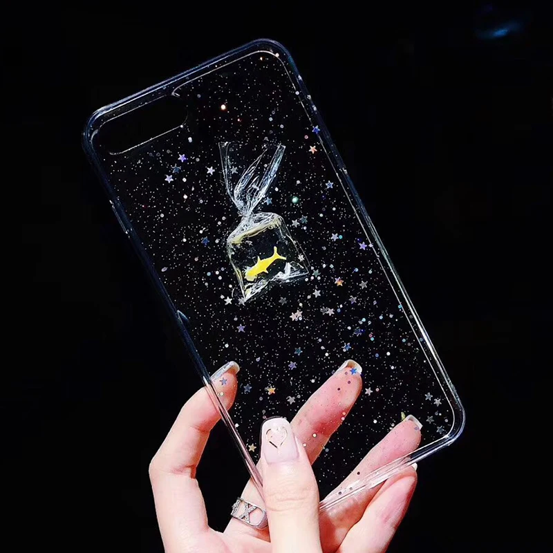 Cute goldfish Transparent Phone Case For iPhone 6 6S Clear TPU Silicone Back Cover For iPhone 7 7 plus 8 6 S X Star Star Glitter Capa (3)