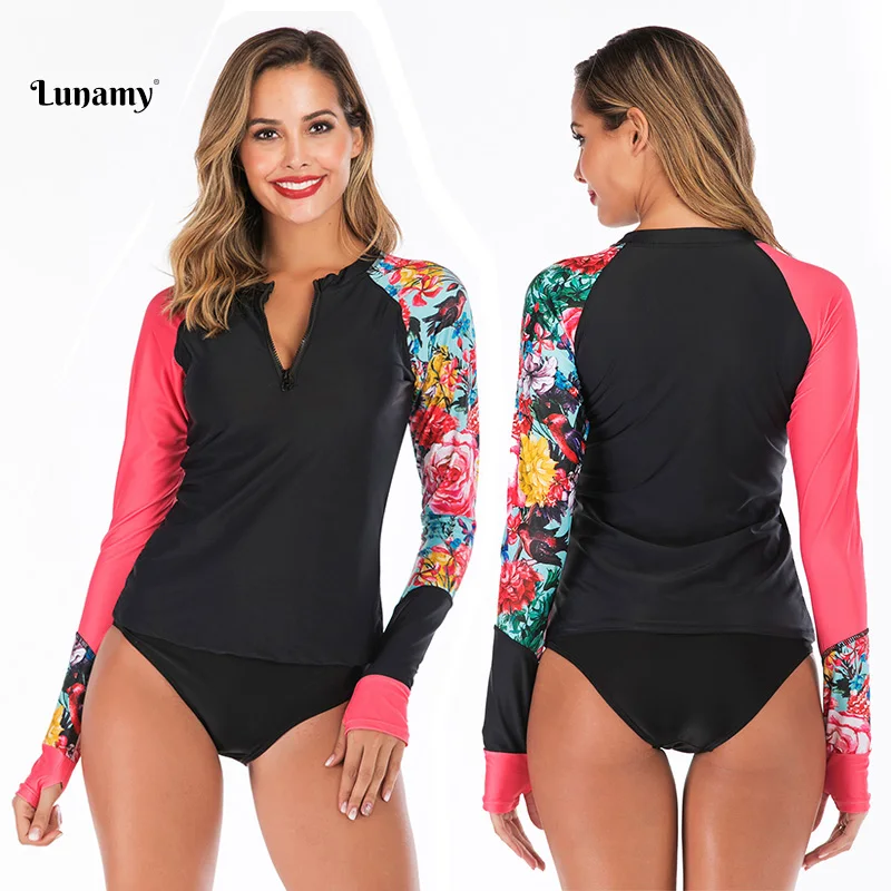 

2019 Patchwork Long Sleeves Two Piece Swimsuit Women Vintage Floral Print Swimwear For Girls Surfing Bathing Suit Beachwear
