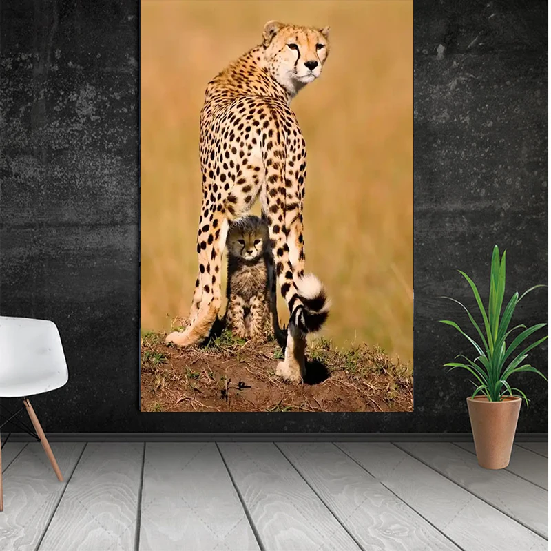 Mutu Lukisan Cheetah Ibu Melindungi Anaknya Dinding Seni Hewan