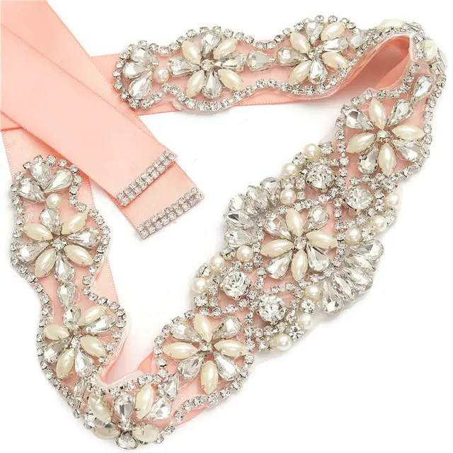 MissRDress Wedding Rhinestones Bridals Belt Pearls Crystal Bridal Belt Jeweled Bridal Sash For Wedding Dresses Pearl Belts JK806 Silver---blush