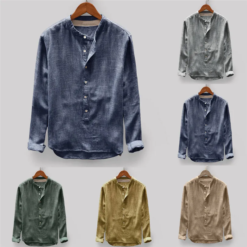  New Fashion Mens Men Autumn Winter Button Casual Daily Linen and Cotton Long Sleeve Travel Top Solid Blouse #4F04 (1)