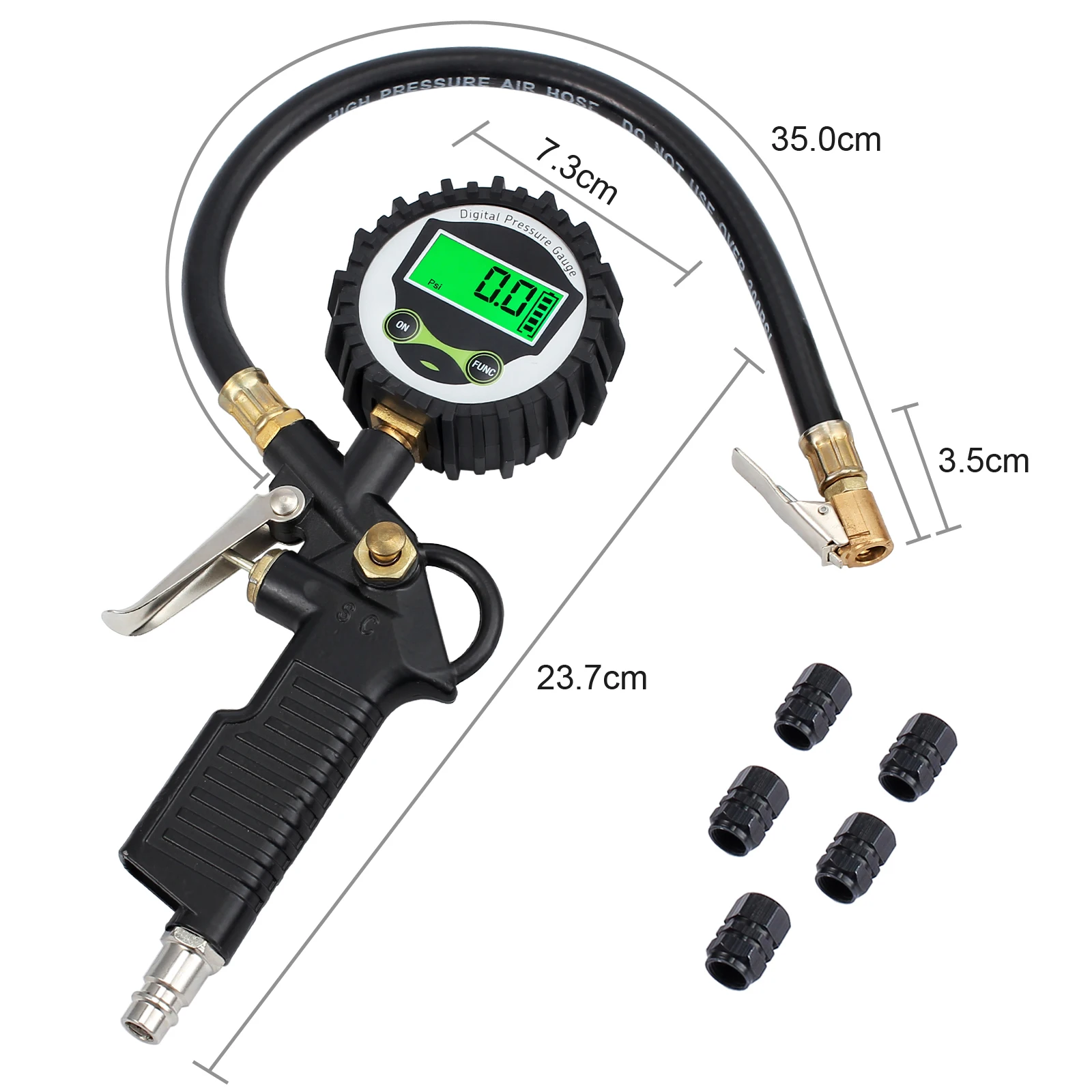 Tanie Proster do cyfrowego wskaźnik ciśnienia w oponach wskaźnik inflatora w oponach 200 PSI z 5 czarnymi nakrętki zaworu Tester pojazdu monitorowanie inflacji