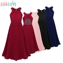 Iiniim/детское шифоновое платье для девочек; Vestido de festa; цветочное кружевное платье с вырезом на спине и цветочным узором для девочек; Элегантное летнее праздничное платье принцессы