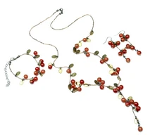 Women Fashion Red Acrylic Cherry Long Necklace Earrings Bracelet Jewelry Set