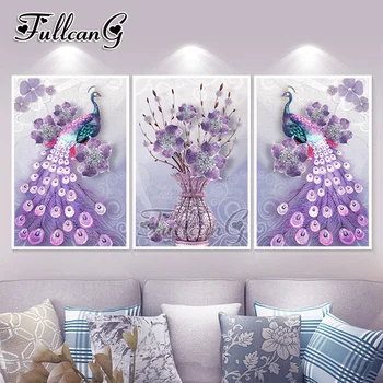 

FULLCANG diy 5d diamond painting purple peacock triptych mosaic cross stitch diamond embroidery kits full square drill G381