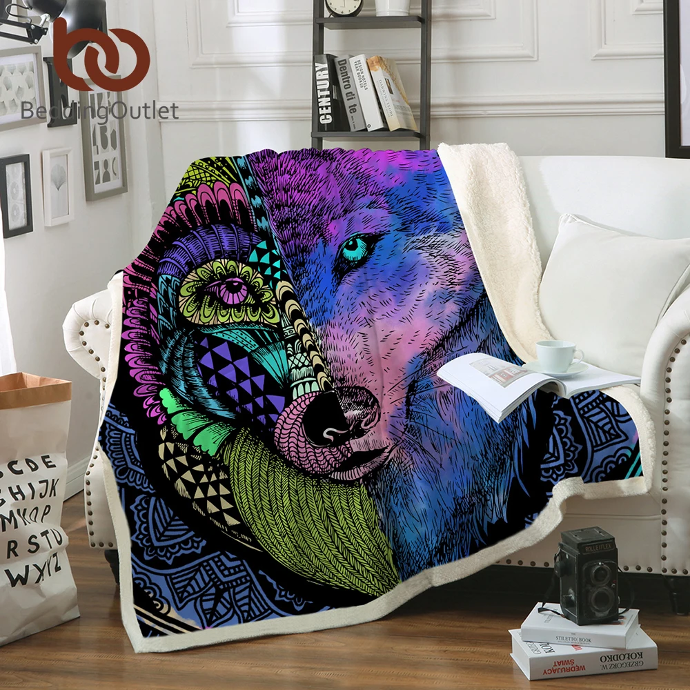 

BeddingOutlet Wolf Blanket on Bed Mandala Flower Plush Throw Blanket Watercolor Animal Thin Quilt Colorful Geometric Bedding