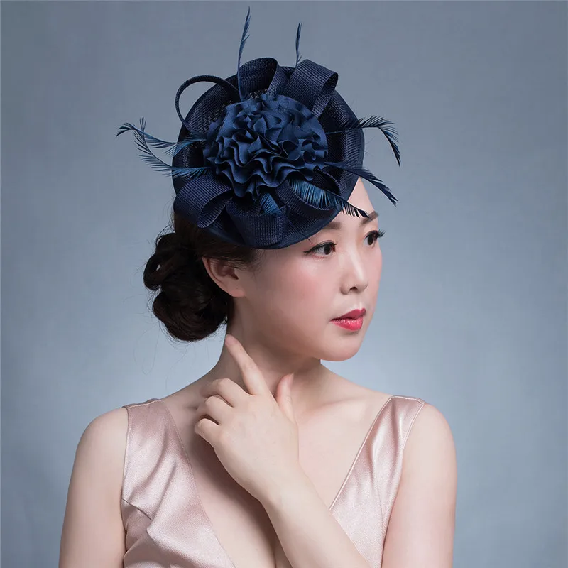 Mingli Tengda Новые Черные Свадебные шляпы для женщин элегантные официальные свадебные шляпы с перьями Свадебные украшения chapeau mariage noiva - Цвет: navy blue