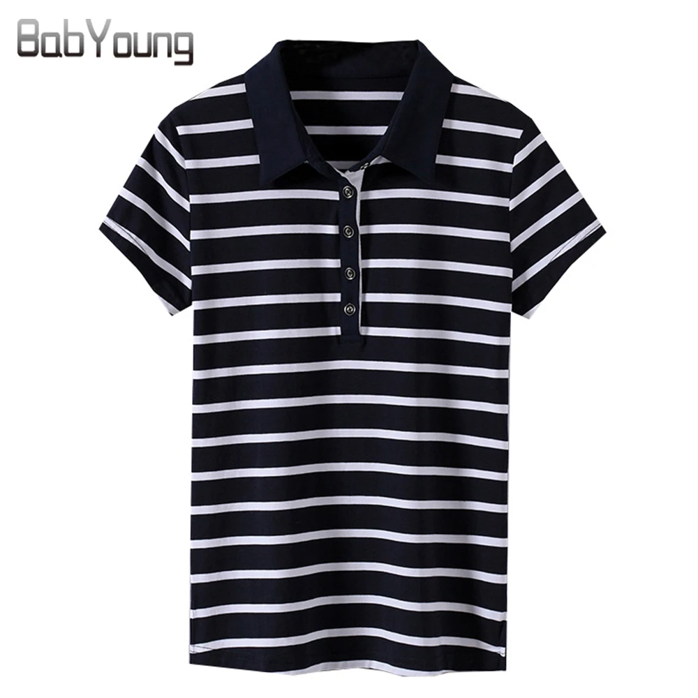 

BabYoung Summer Tops Women Casual Polo Shirt Mujer Striped Short Sleeve Cotton Polos Femme Polo Feminina Plus Size 4XL