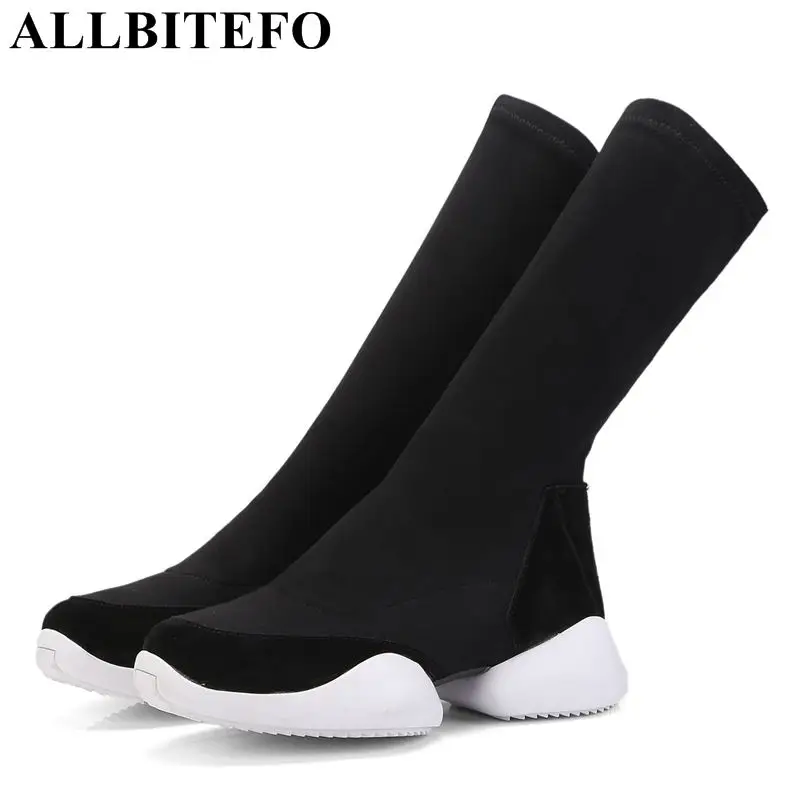 

ALLBITEFO genuine leather+Stretch cloth women high heel shoes boots women brand soft surface women shoes ankle boots high