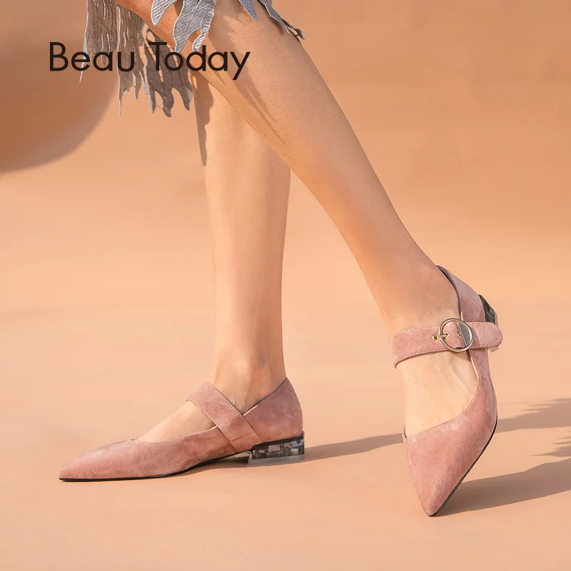

BeauToday Summer Sandals Women Genuine Leather Kid Suede Pointed Toe Ankle Strap Lady Sweet Mary Janes Flats Handmade 18201