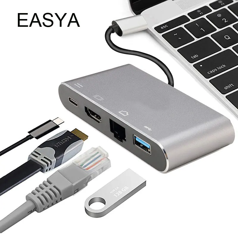 

EASYA Multifunction USB C Hub to HDMI Rj45 Gigabit Ethernet Adapter with USB 3.0 Hub USB-C PD Charging Port for Macbook Pro