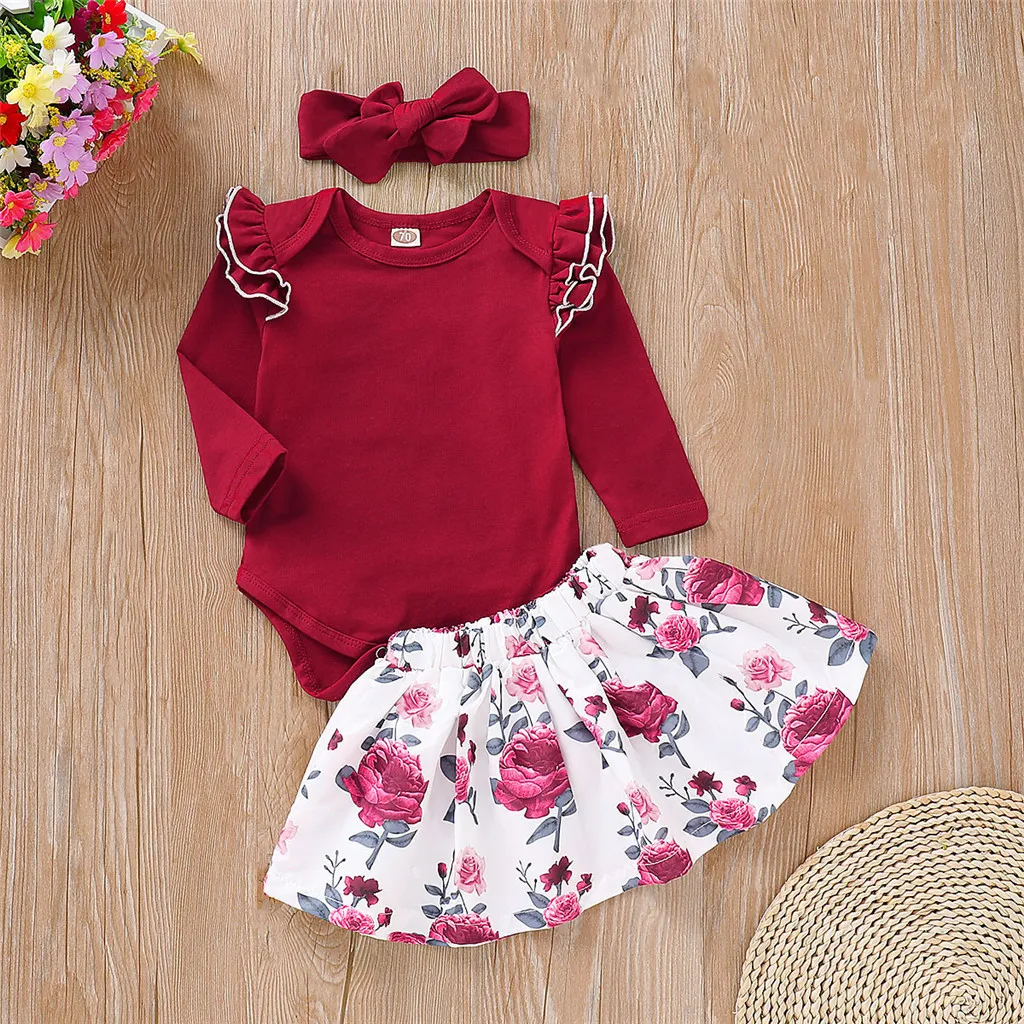 

MUQGEW Infant Baby Girls Solid Jumpsuit Romper+Floral Print Skirts+Headbands Outfits roupas infantis menina conjunto #y2